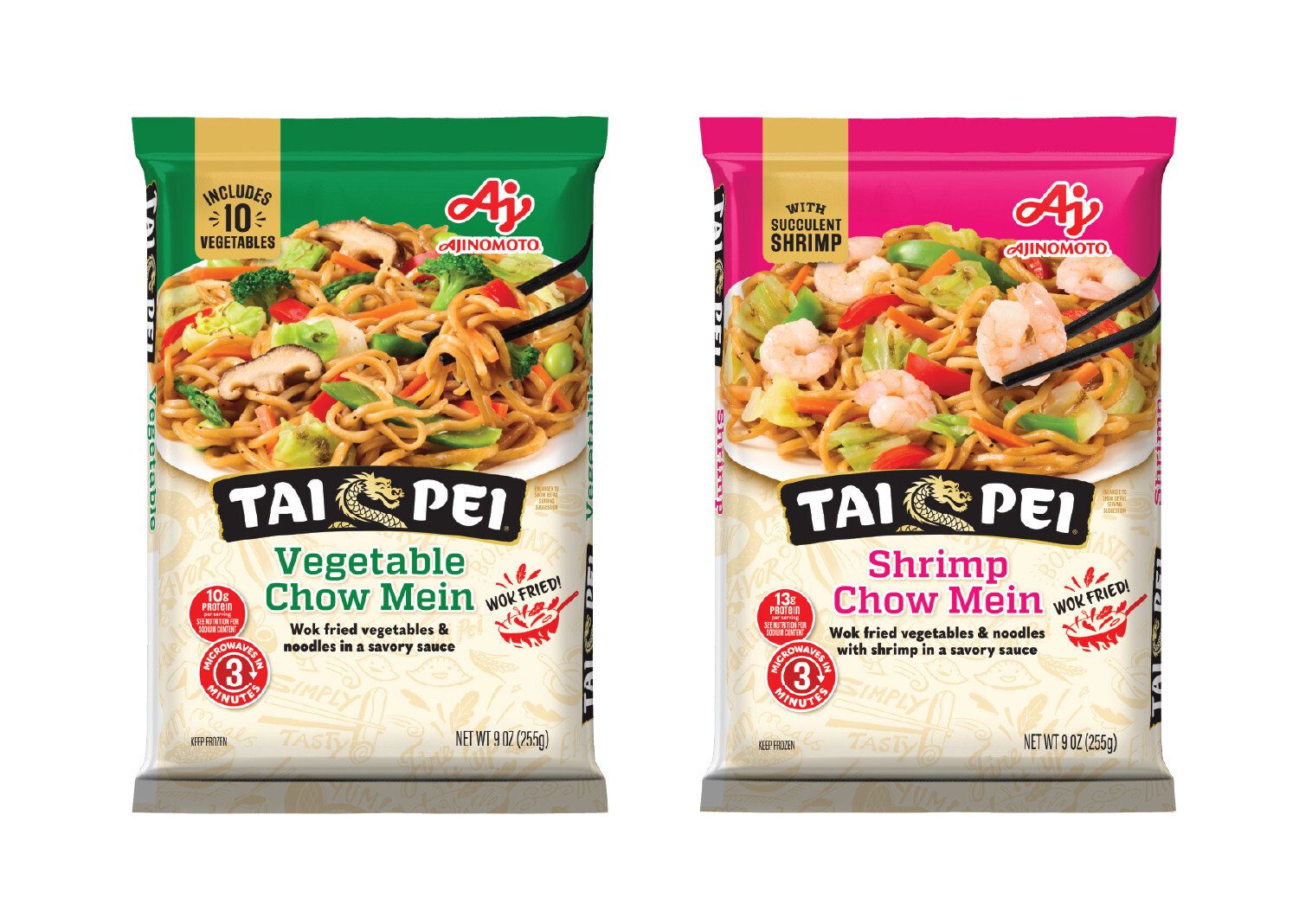 Two Tai Pei Chow Mein packages, one vegetable with 10+ veggies and one shrimp, ready in 3 minutes.