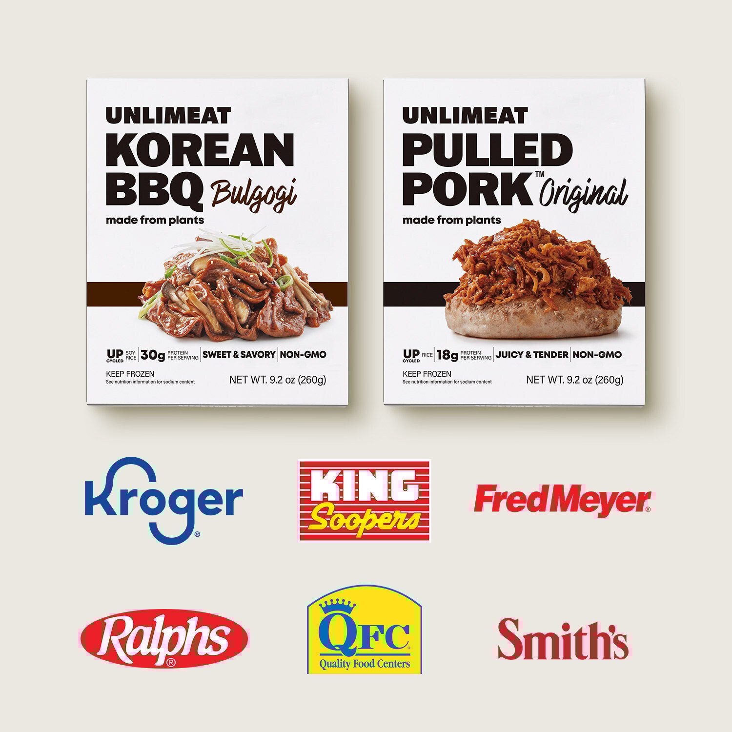 Plant-based Korean BBQ Bulgogi and Pulled Pork products, with logos of various grocery stores like Kroger, Fred Meyer, and Ralphs.