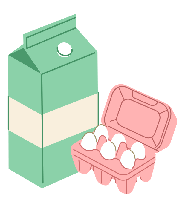 Green milk carton and pink egg carton with white eggs.