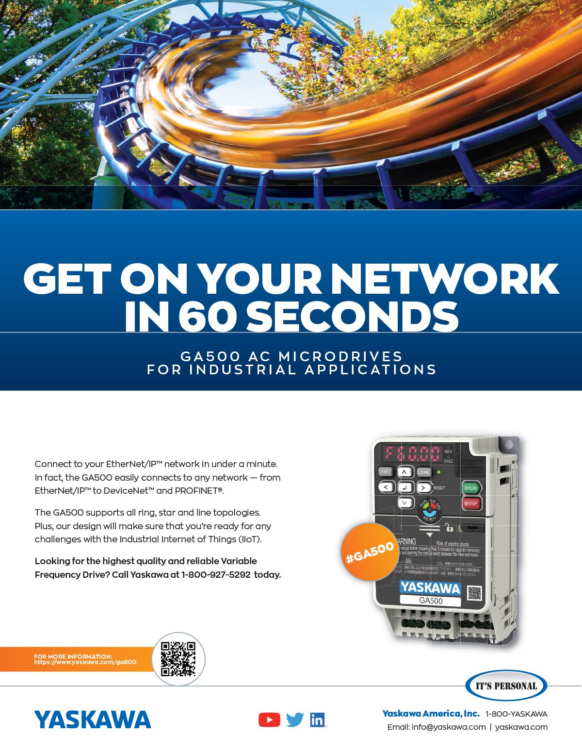 Ad for Yaskawa GA500 AC Microdrive, connecting to industrial networks in 60 seconds, with a roller coaster.