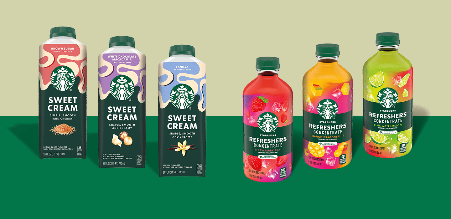 Six Starbucks bottled drinks: Sweet Cream (3 flavors) and Refreshers Concentrates (3 flavors).