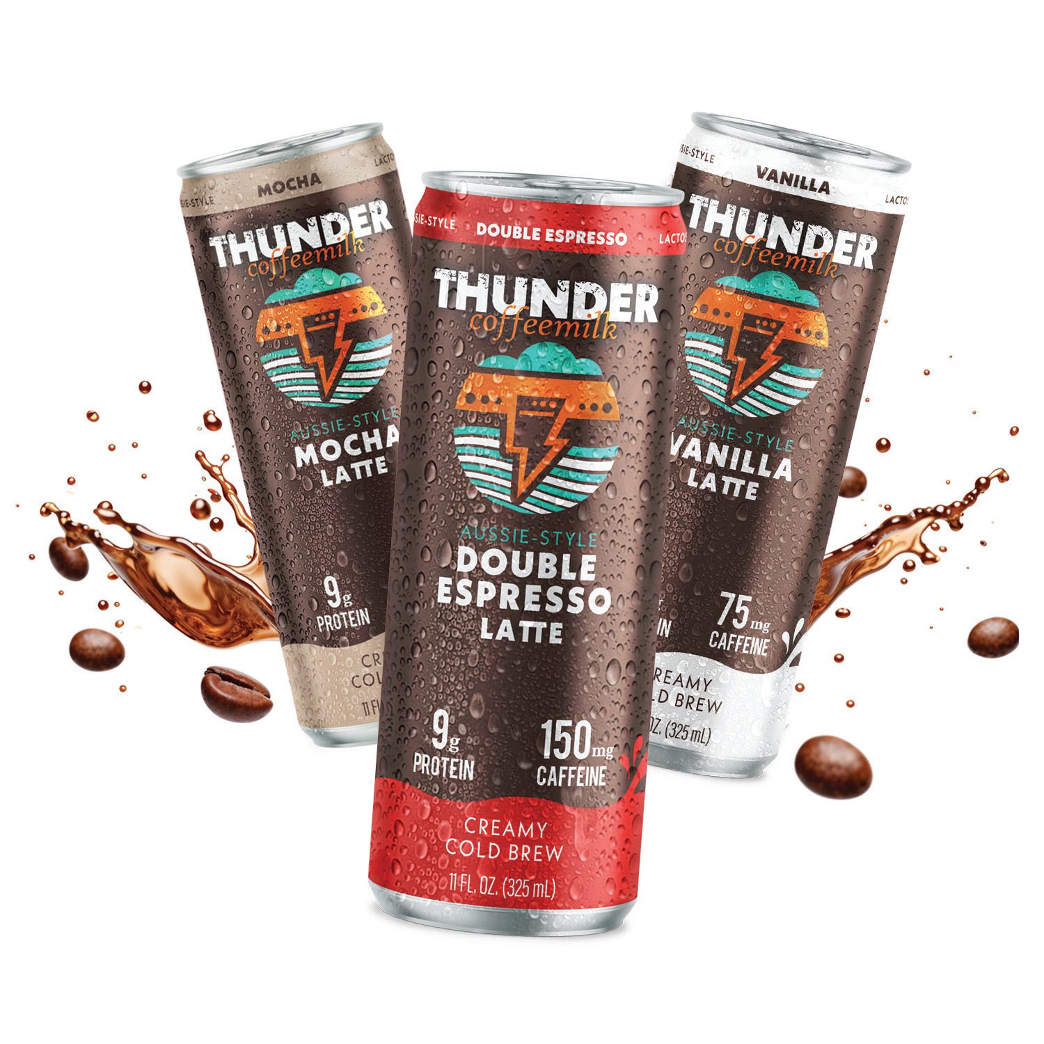 Three Thunder Coffeemilk cans (Mocha, Double Espresso, Vanilla) with coffee beans and splashes.