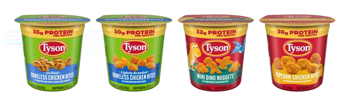 Four Tyson chicken cups: Grilled Boneless, Lightly Breaded Boneless, Mini Dino Nuggets, and Popcorn Chicken Bites.