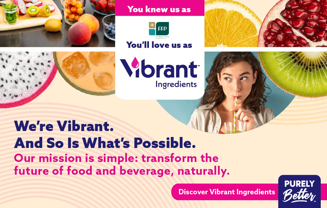 Vibrant Ingredients rebranding from FFP, featuring colorful fruits, drinks, and a woman.