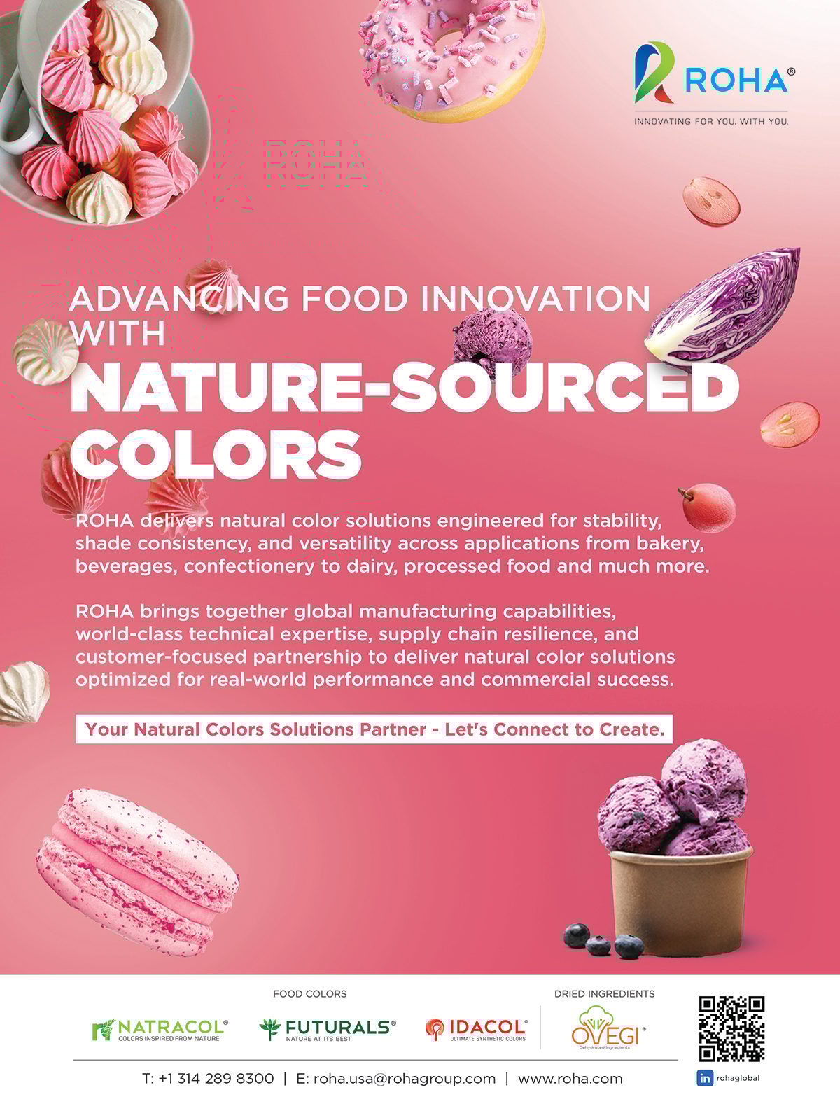 ROHA ad: Nature-sourced food colors for various applications, featuring desserts, fruit, and vegetables.