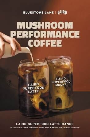 Bluestone Lane & Laird Mushroom Performance Coffee ad, showing two mushroom superfood lattes.