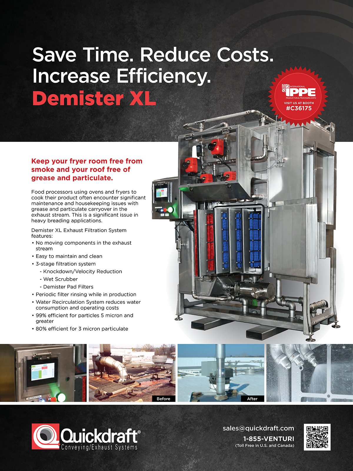 Quickdraft Demister XL exhaust filtration system ad for fryer rooms, preventing grease.