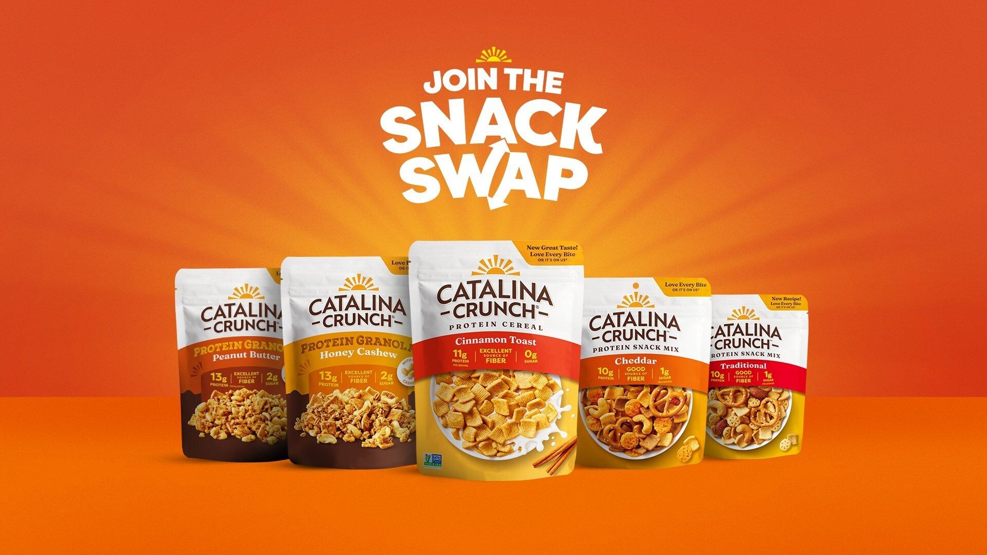 Five Catalina Crunch bags (protein granola, cereal, snack mix) displayed with 'JOIN THE SNACK SWAP' text.