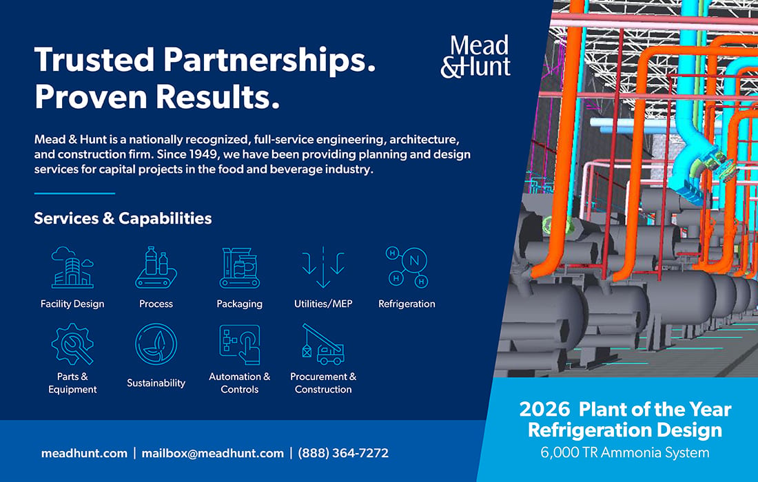 Ad for Mead & Hunt engineering services, featuring capabilities list and a 3D rendering of industrial refrigeration equipment.