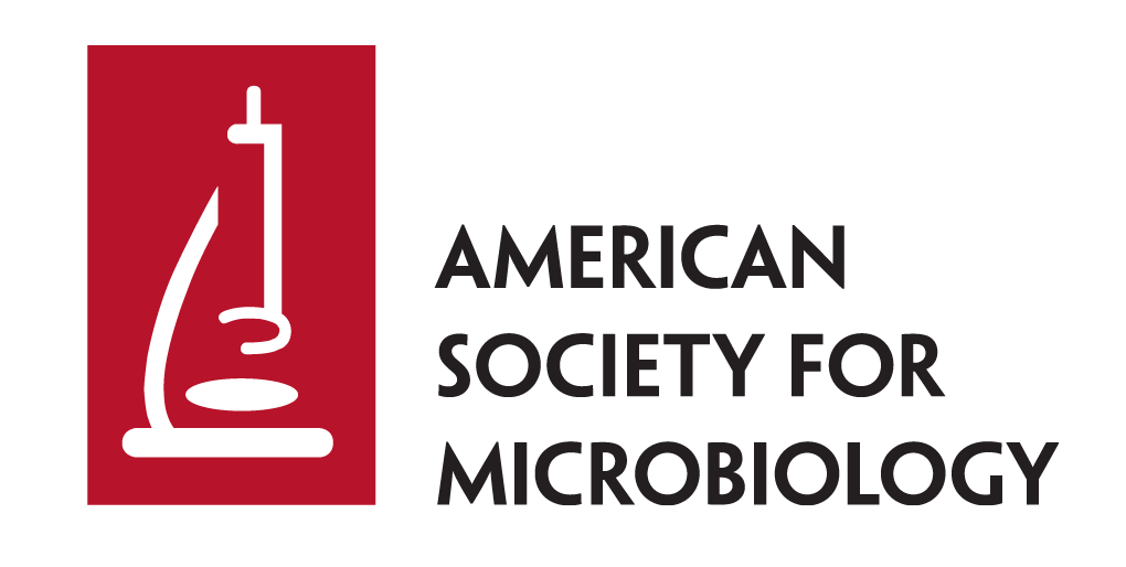 American Society for Microbiology logo: red square with white microscope icon and black text.