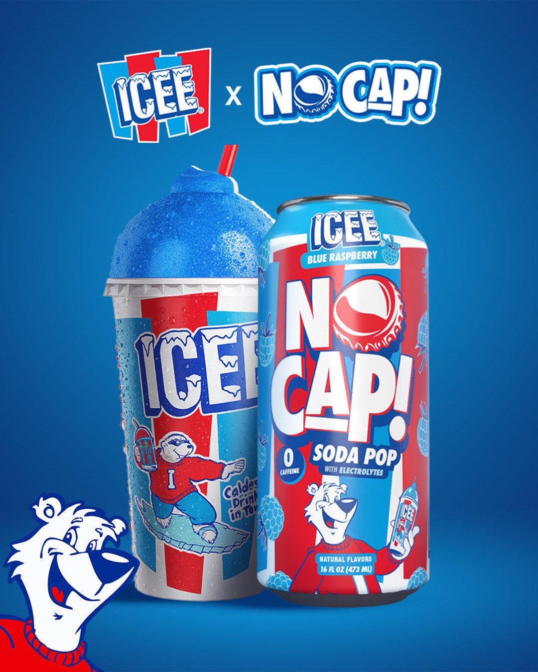 ICEE x No Cap! blue raspberry slushie, soda pop, and polar bear mascot.