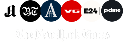 Logos of Aftenposten, BT, Adresseavisen, VG, E24, Podme, and The New York Times.