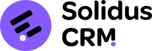 Solidus CRM logo featuring a purple circular icon with three black bars and a white dot, next to black text.