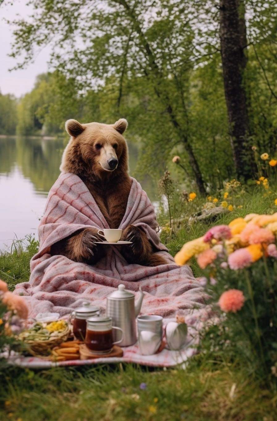 Natural environment, Brown bear, Plant, Water, Tableware, Flower, Tree, Leaf, Carnivore