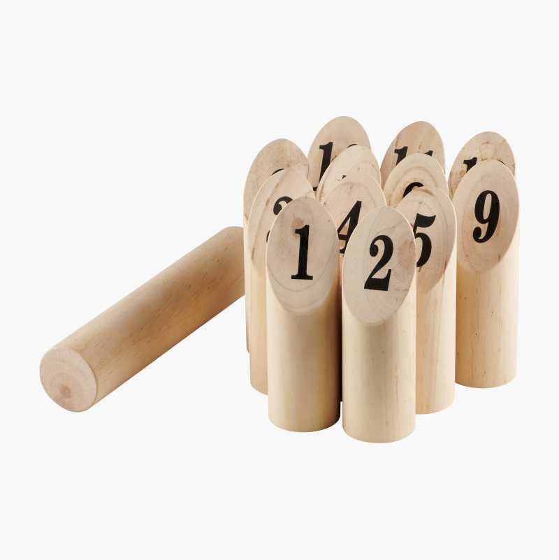 A wooden Mölkky game set featuring numbered skittles and a throwing pin, arranged on a white background.