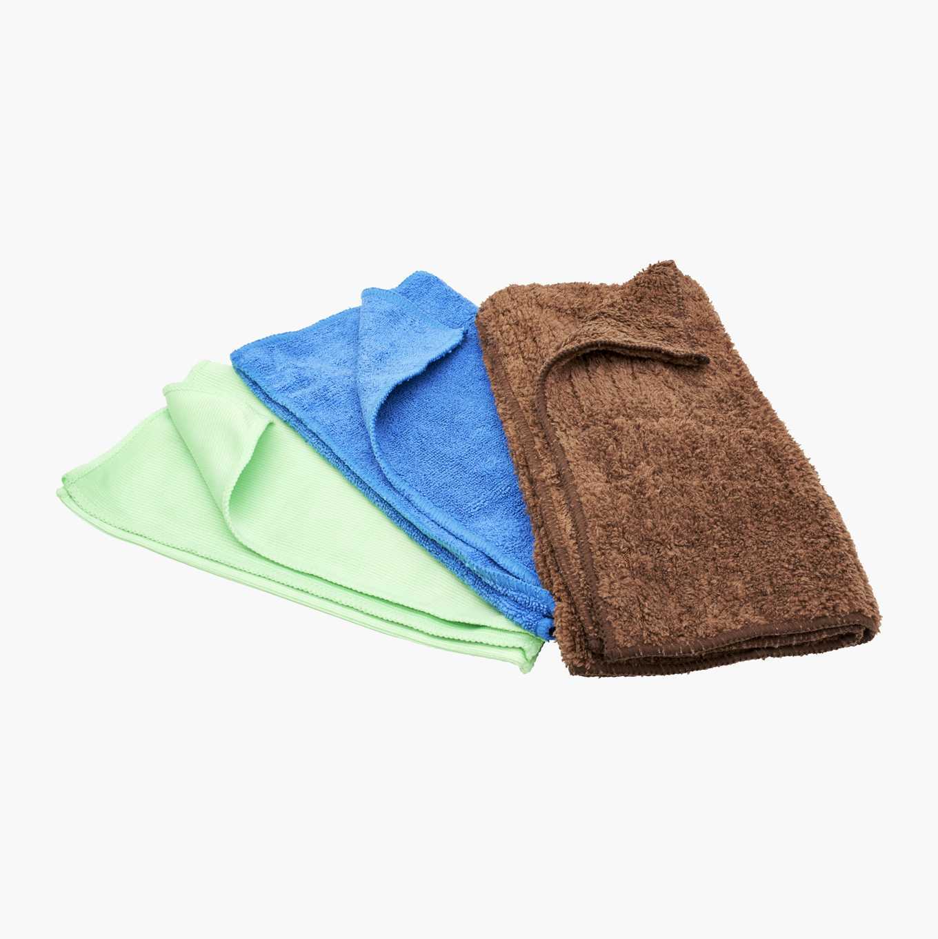 Green, blue, and brown microfiber cloths.