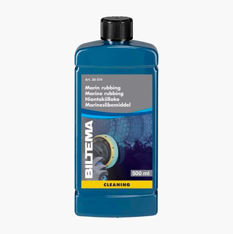 Blue Biltema Marine rubbing liquid bottle, 500 ml, with cleaning instructions.