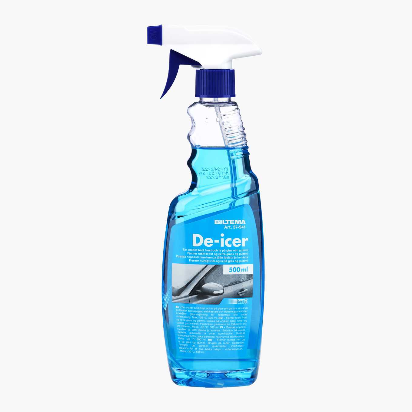 Blue Biltema De-icer spray bottle, 500ml, with white and blue trigger.