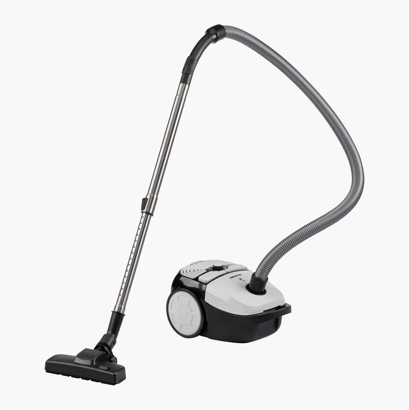 White and black canister vacuum cleaner with chrome wand and gray hose on white.