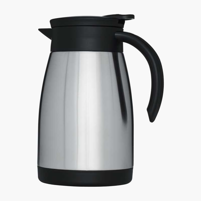A sleek stainless steel thermal carafe with a black handle and lid, designed for keeping beverages hot.