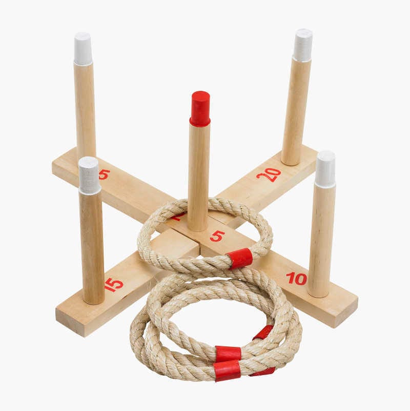 Wooden ring toss game with pegs, score numbers, and rope rings on a white background.