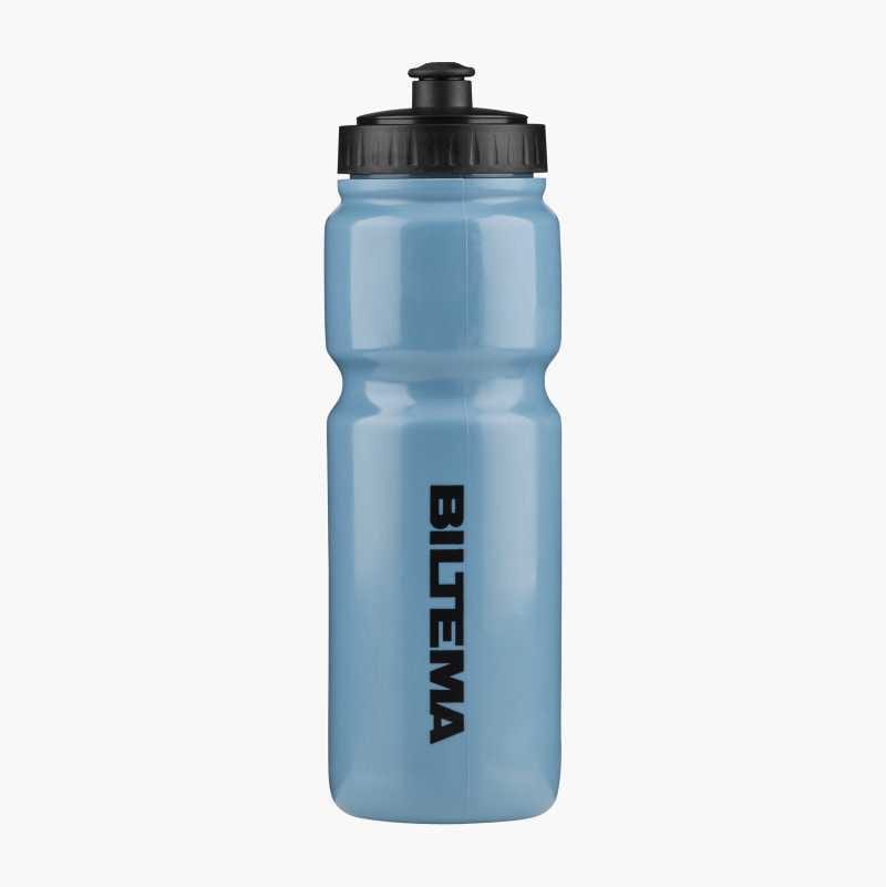 Light blue "BILtema" water bottle with a black lid on a white background.