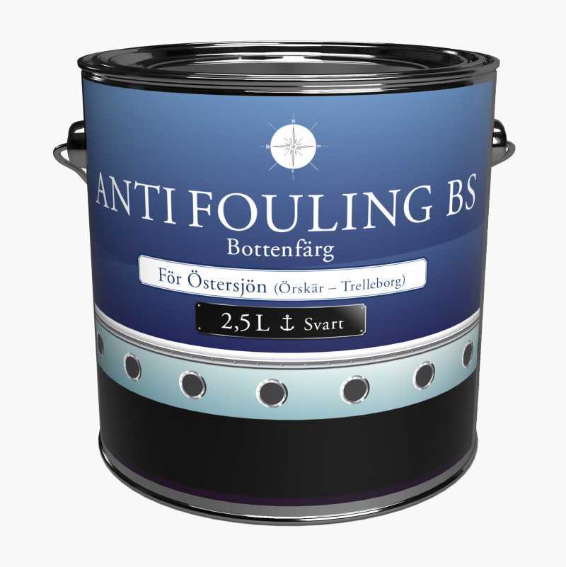 A blue and black can of ANTI FOULING BS Bottenfärg (bottom paint) for the Baltic Sea.