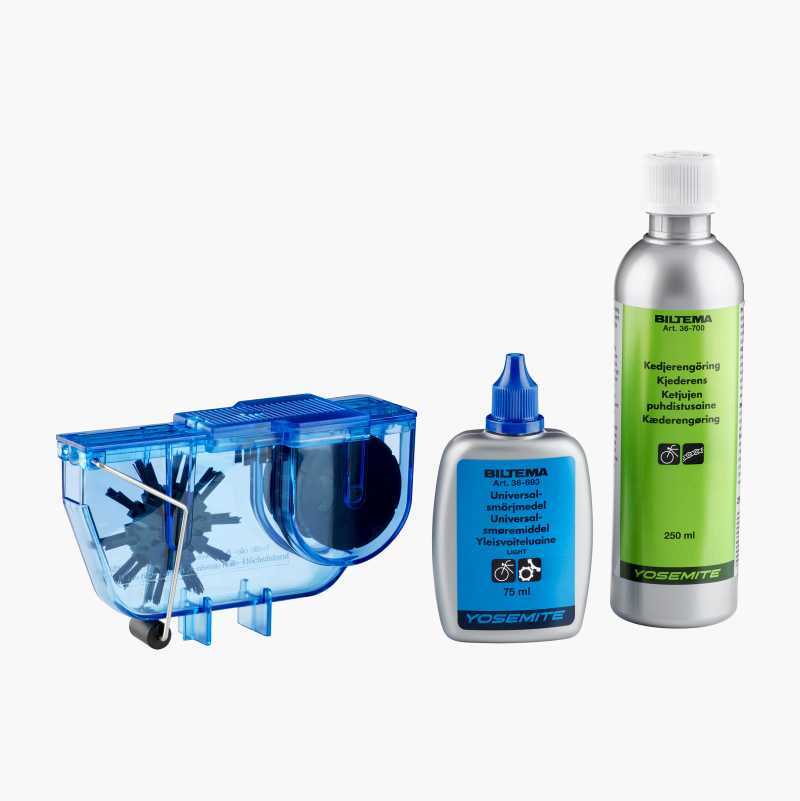 A set including a blue bicycle chain cleaning tool, a 75ml lubricant bottle, and a 250ml chain cleaner.