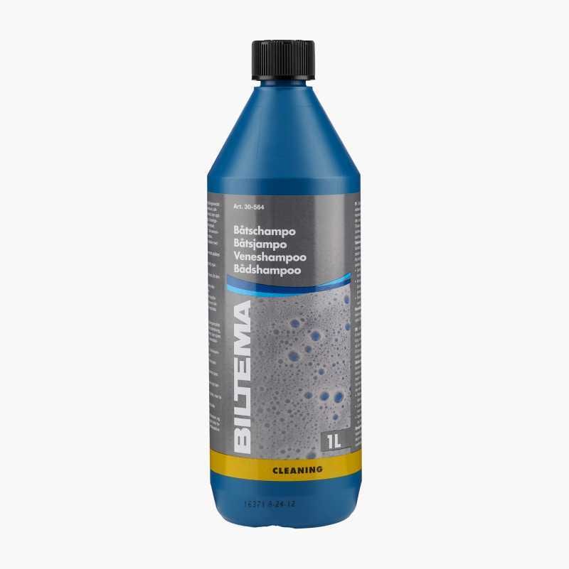 Blue bottle of Biltema boat shampoo (1L) with multi-language label showing product name and brand.