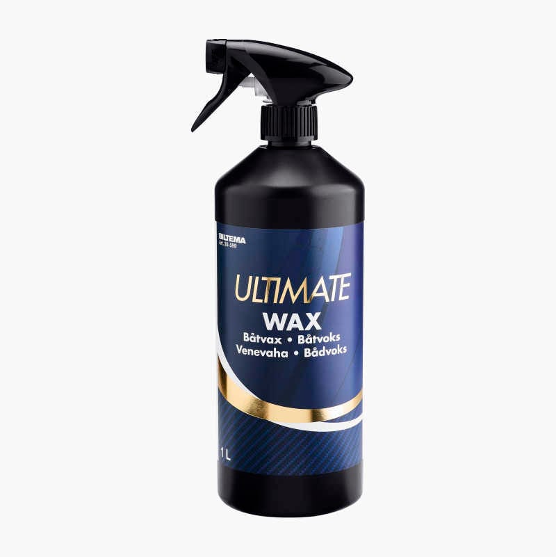 Black 1L spray bottle of Ultimate Wax for boats, with a blue and gold label, product details in multiple languages.