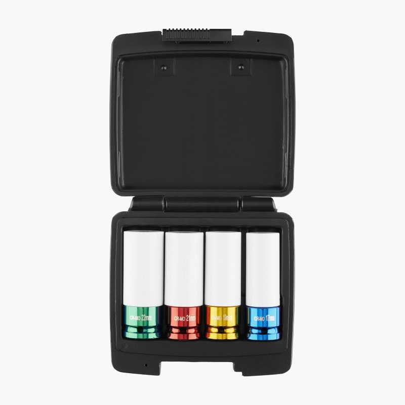 Four colored lug nut sockets in a black open case, green, red, gold, and blue.