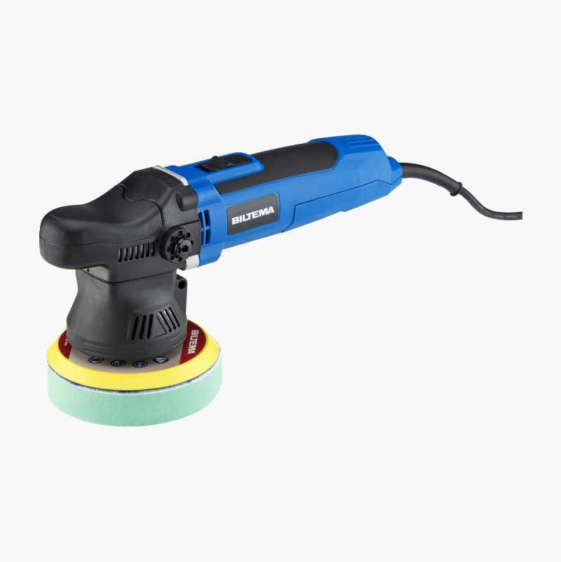 Blue and black electric polisher with a green buffing pad.