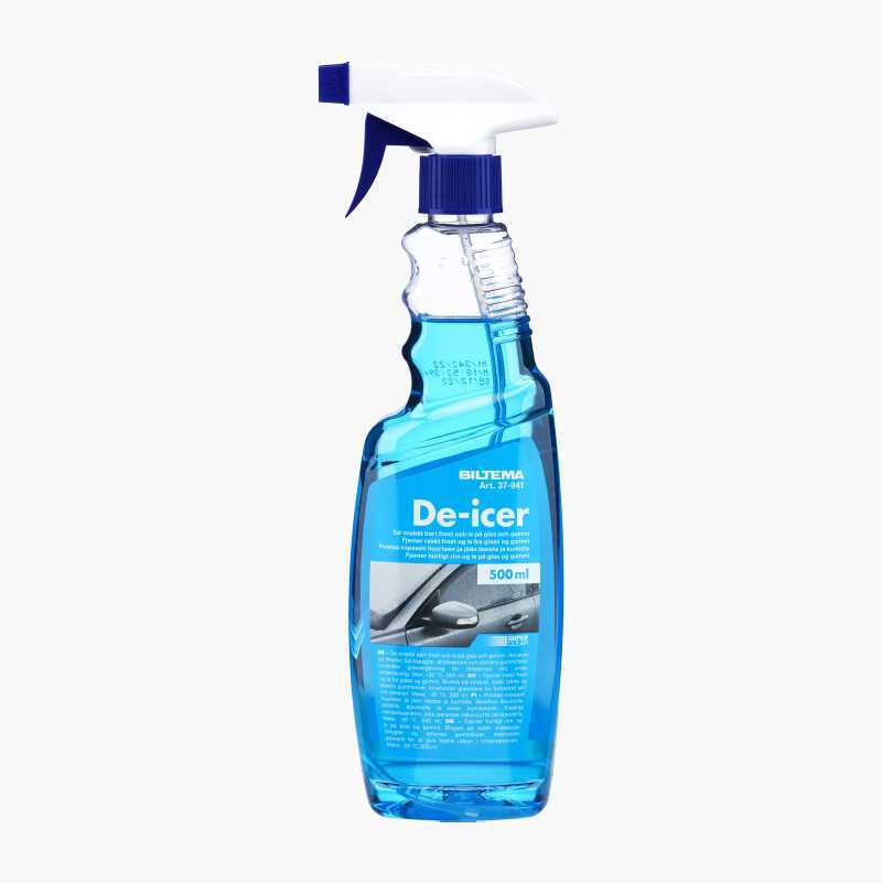 A blue Biltema De-icer spray bottle for cars, 500ml, with a white and blue nozzle.
