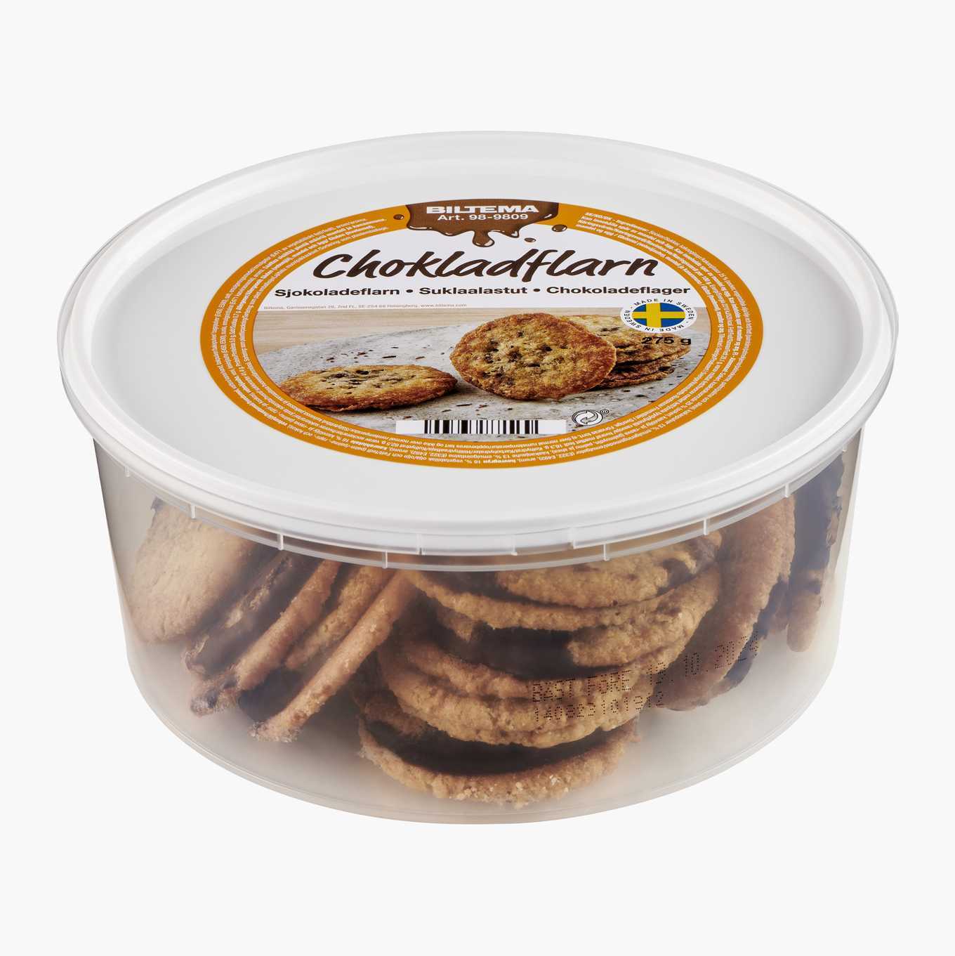 A transparent bucket of Chokladflarn chocolate chip cookies with a label showing cookies on the lid.