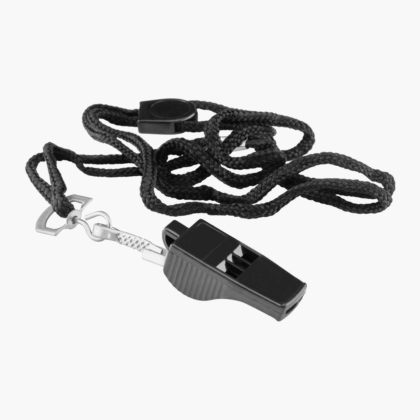 A black plastic whistle attached to a black braided lanyard with a metal clip, presented on a white background.