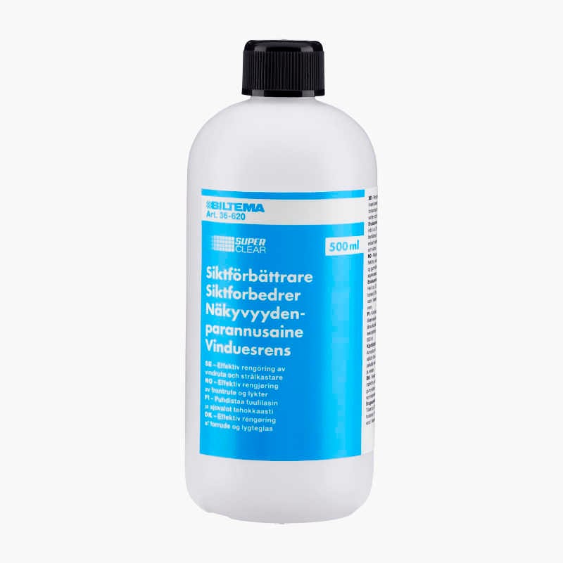 White bottle of Biltema Super Clear Siktförbättrare (visibility enhancer) for windscreens, 500ml.