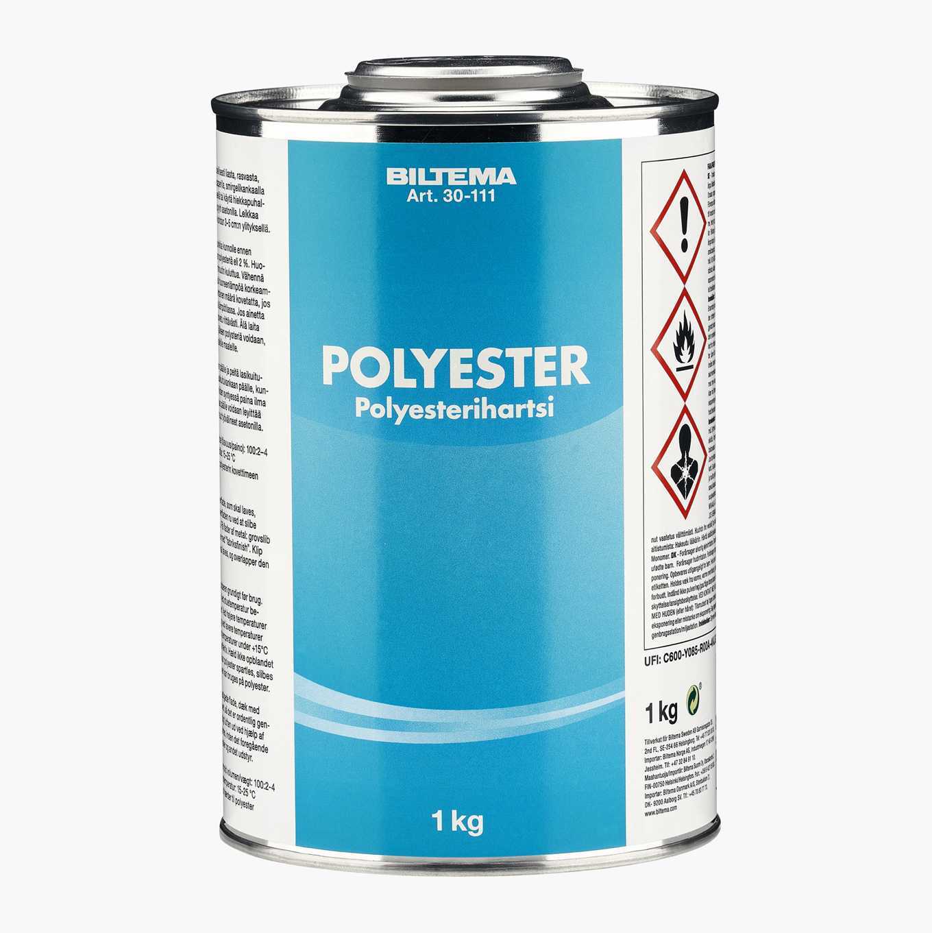 A white and blue can of Biltema Polyester resin (1 kg) with warning labels.