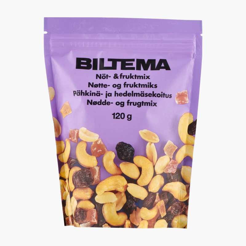 A purple stand-up pouch of Biltema nut and fruit mix, displaying various nuts and dried fruits.