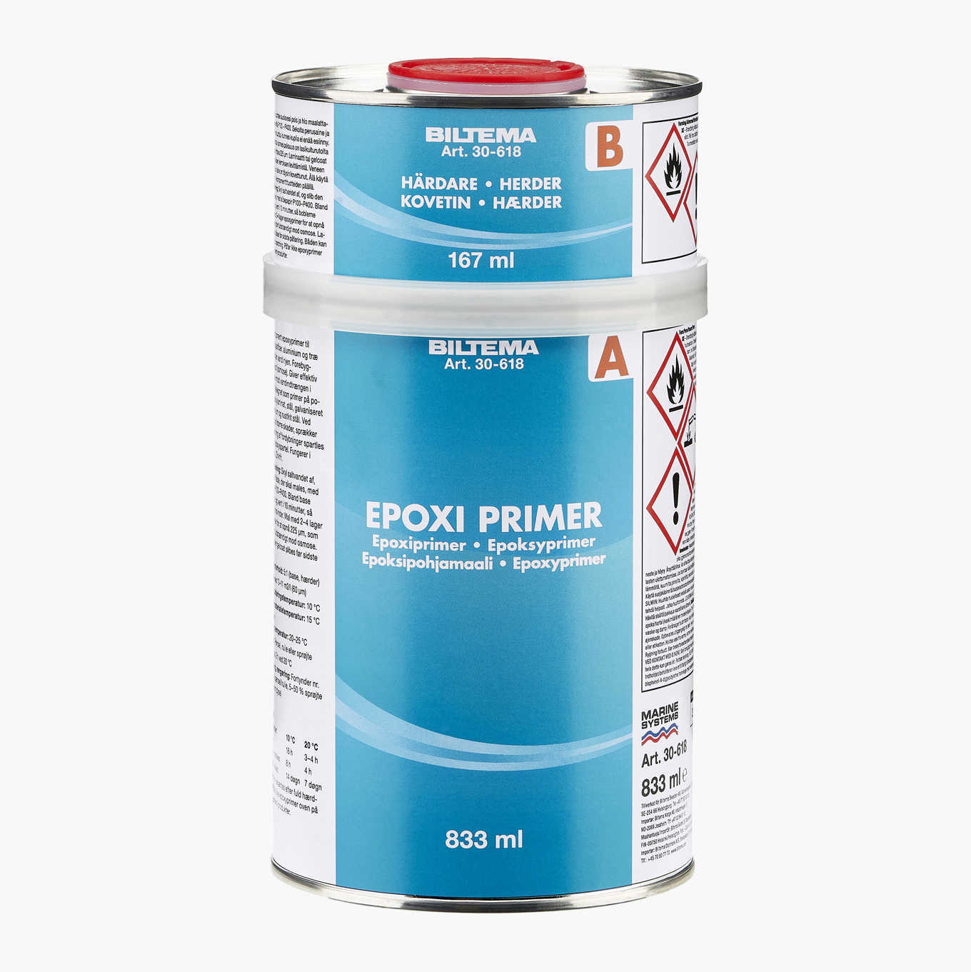 Two stacked Biltema cans, an 833ml epoxy primer and a 167ml hardener, showing product labels.