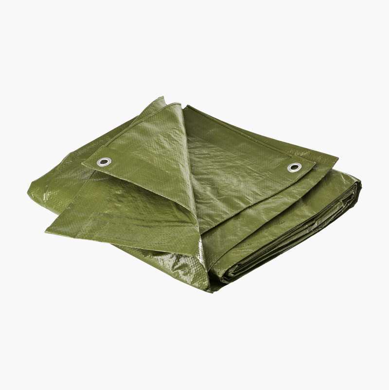 Folded green tarpaulin with visible metal grommets, ready for use in outdoor protection.