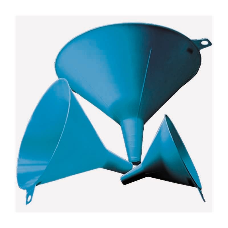 Three blue plastic funnels, in various sizes, arranged on a white background.