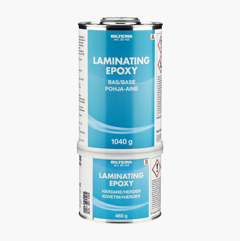 Two stacked Biltema Laminating Epoxy cans, one with 1040g base and the other with 460g hardener.