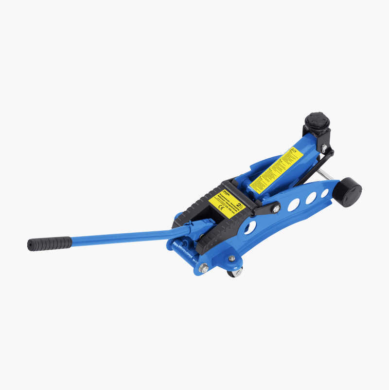 A blue hydraulic trolley jack with a black handle, used for lifting vehicles during maintenance.