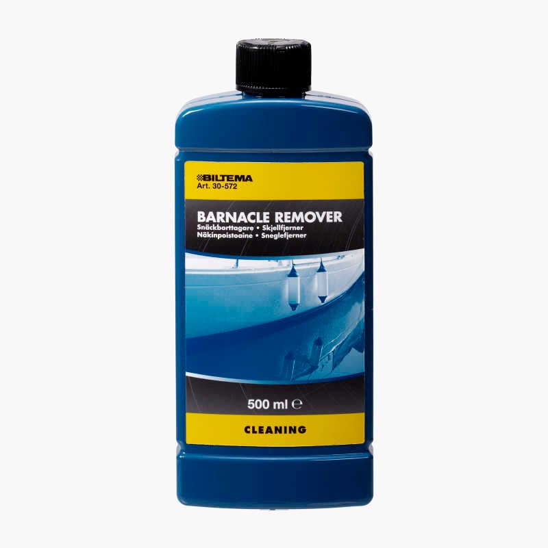 A blue bottle of Biltema Barnacle Remover, 500 ml, with a black label on a white background.