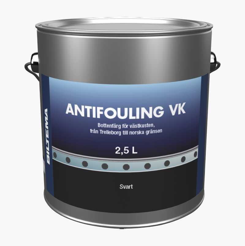 A can of Biltema Antifouling VK black bottom paint, 2.5 L, for the Swedish west coast.