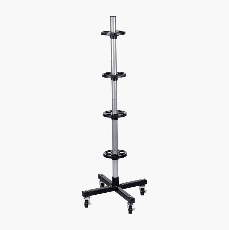 Tall, silver and black rolling stand with multiple circular platforms.