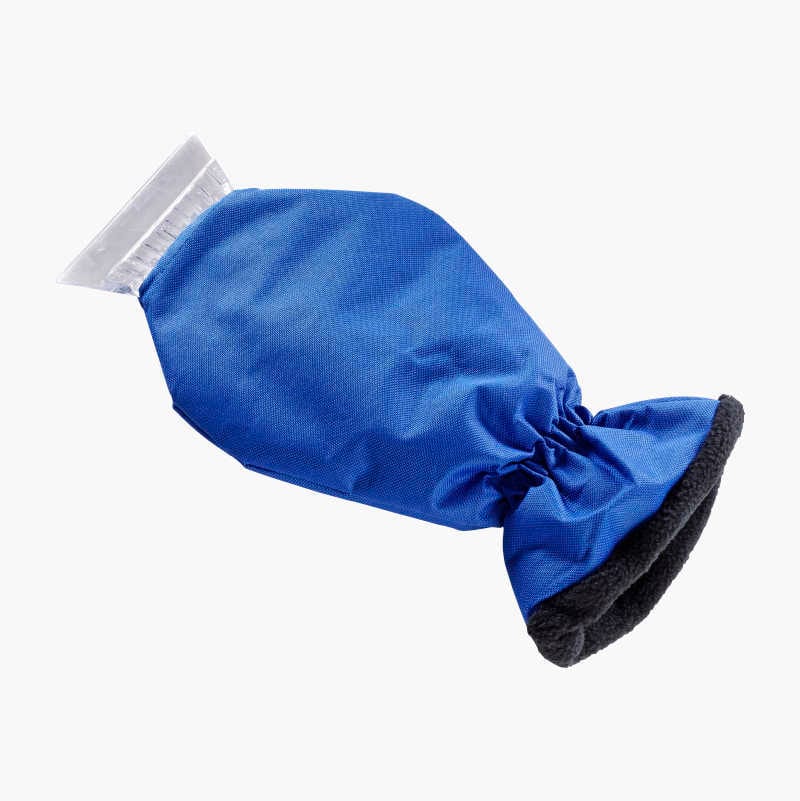 Blue ice scraper mitt with a clear blade for car windshield snow and ice removal.