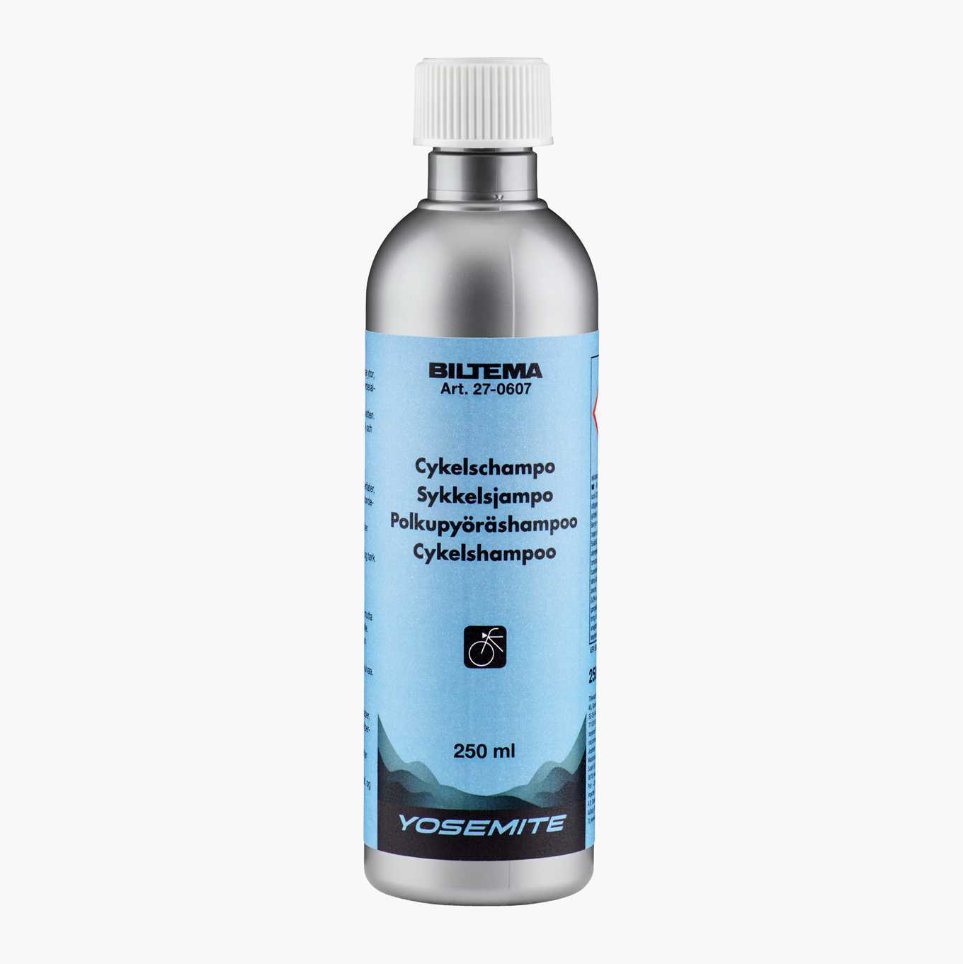 A silver Biltema Yosemite 250 ml bicycle shampoo bottle with a blue label and white cap.