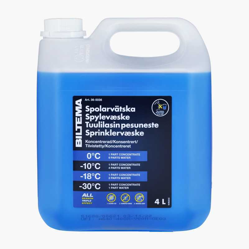 Biltema 4L concentrated blue windshield washer fluid bottle, detailing dilution ratios for different temperatures.