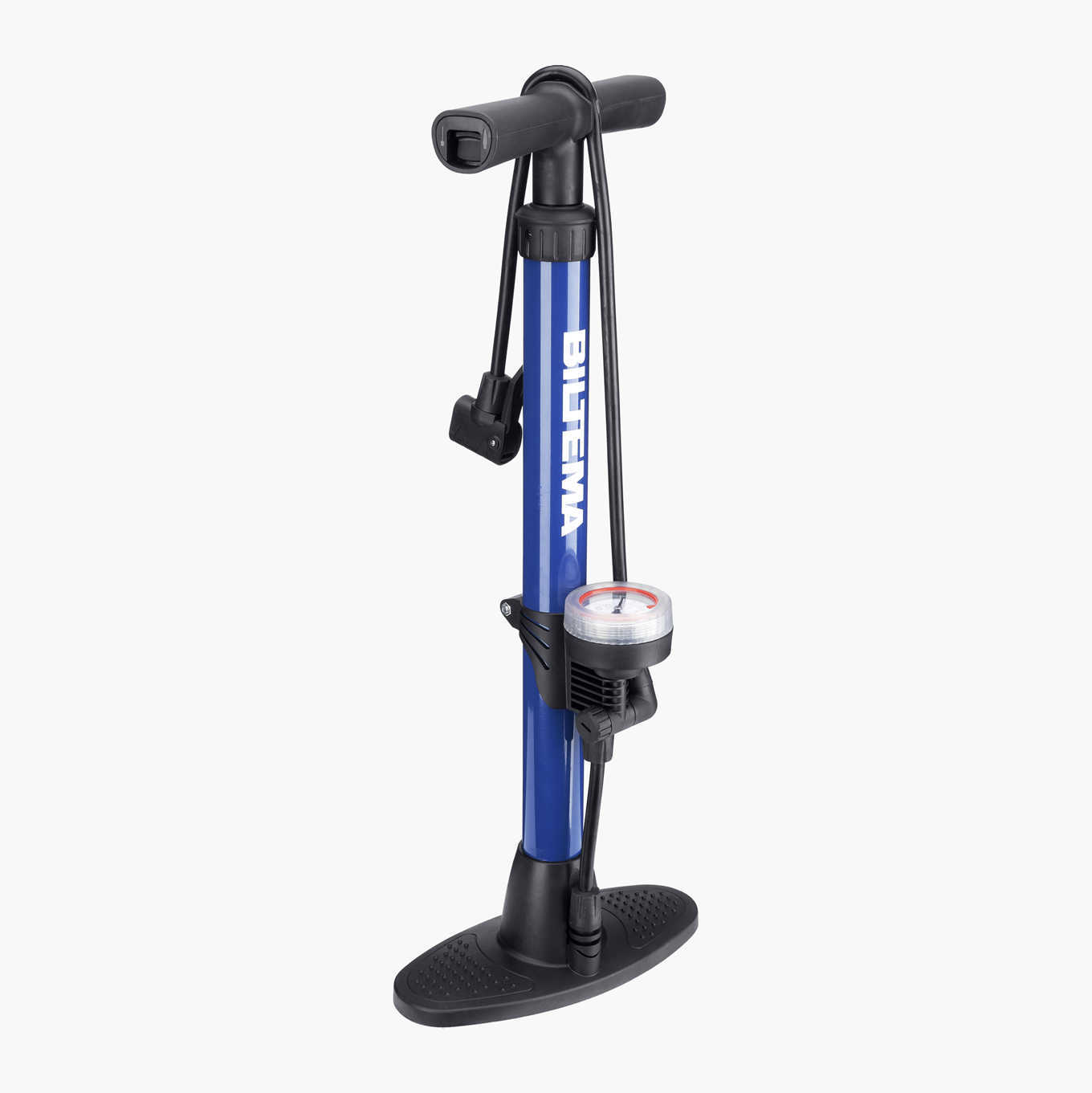 Blue bicycle floor pump with a pressure gauge and black handle, hose, and base on a white background.
